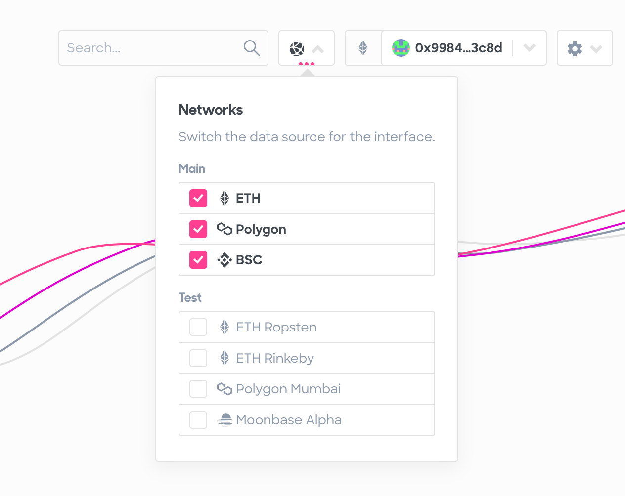 The new network selector and revised menubar in the Ocean Market interface.