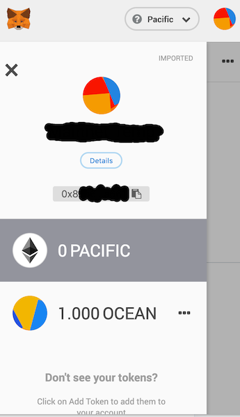 MetaMask showing an account that has 1 OCEAN in the Pacific Network