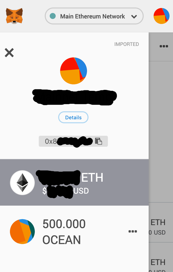 MetaMask showing an account that has 500.000 OCEAN in the Ethereum Mainnet