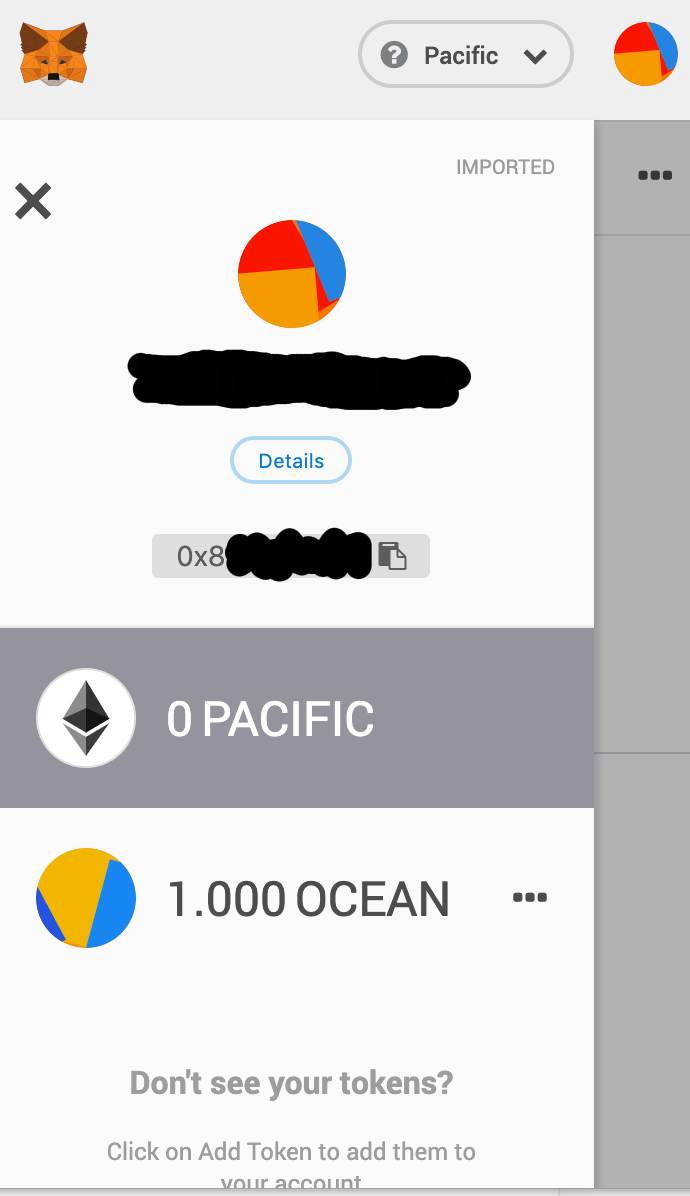 MetaMask showing an account that has 1.000 OCEAN in the Pacific network