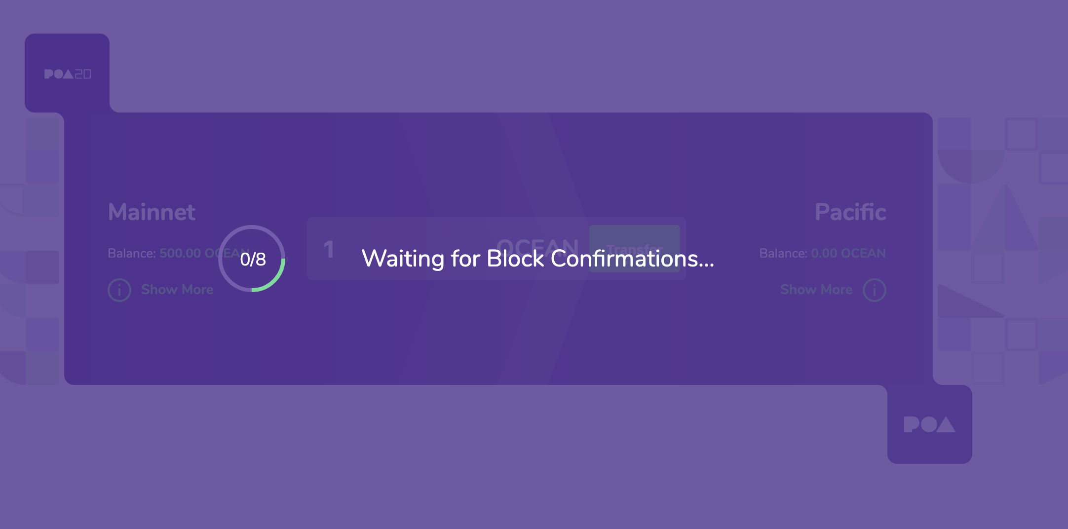 A status update: 0/8 Waiting for Block Confirmations…