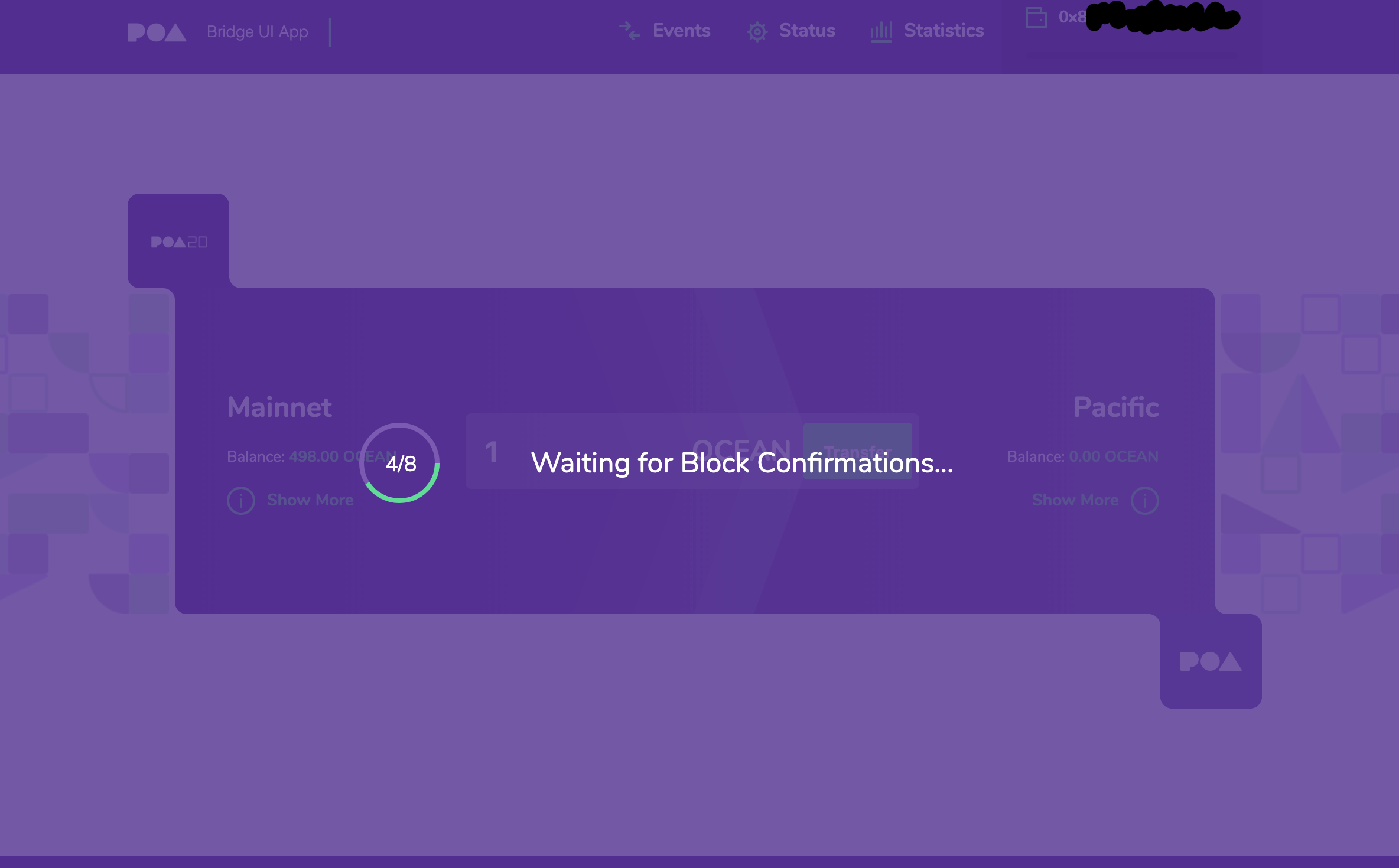 Another status update: 4/8 Waiting for Block Confirmations…