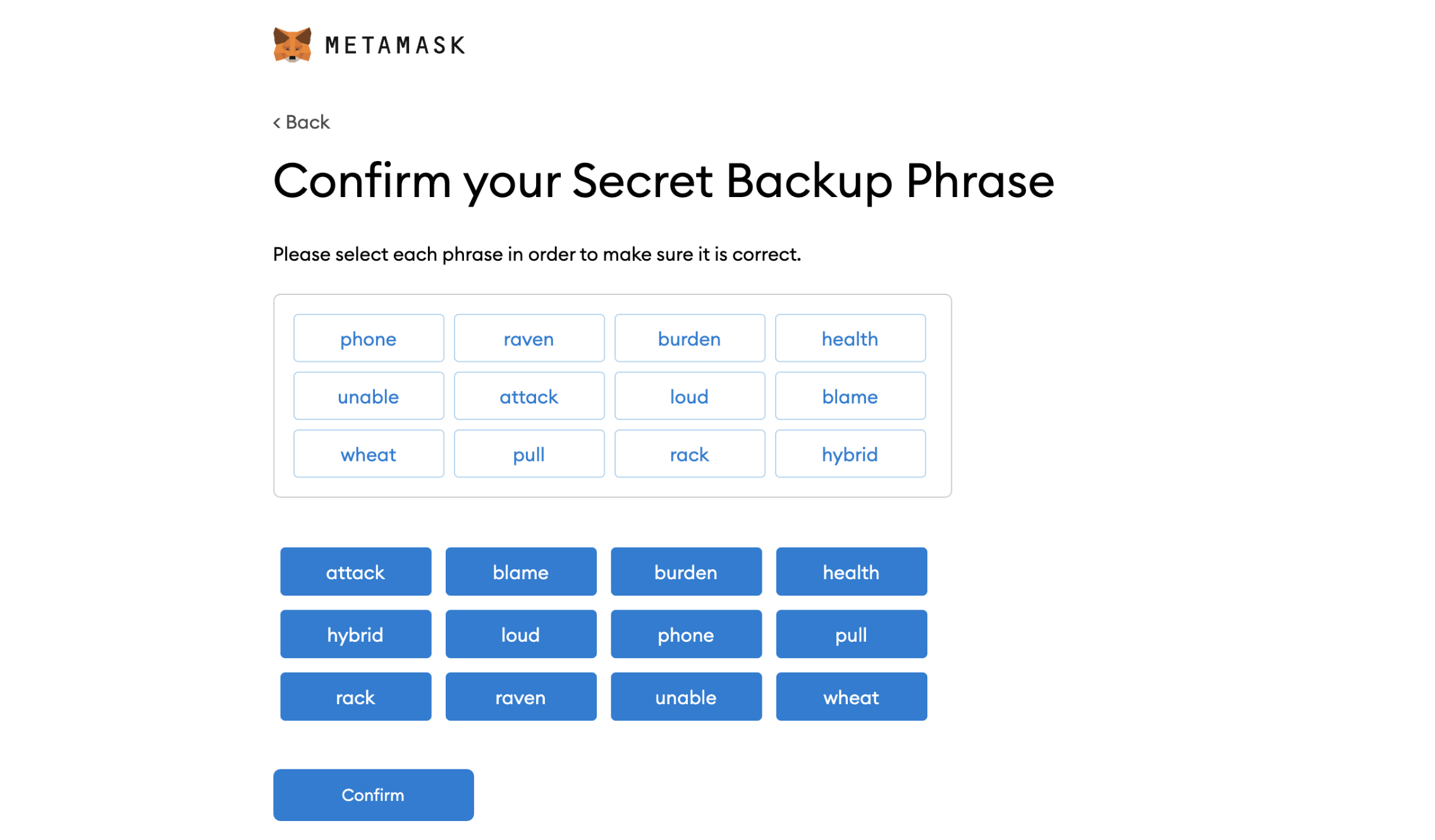 Confirm secret backup phrase